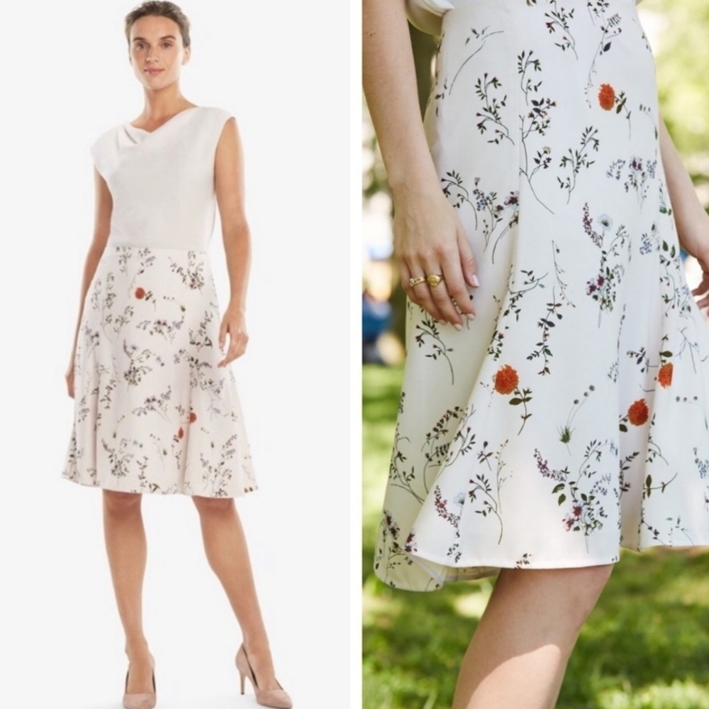 MM.LaFleur Ivory Floral A-Line Skirt with Orange Accents